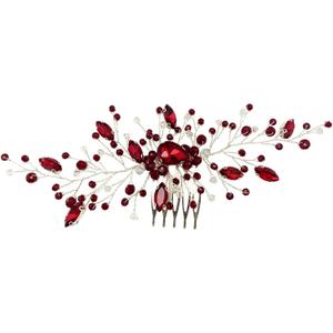 Bridal Wedding Hair Comb Wine Red Crystal Sliver Hair Vine Piece Accessories for Women Girls Party Banquet (Wine Red)