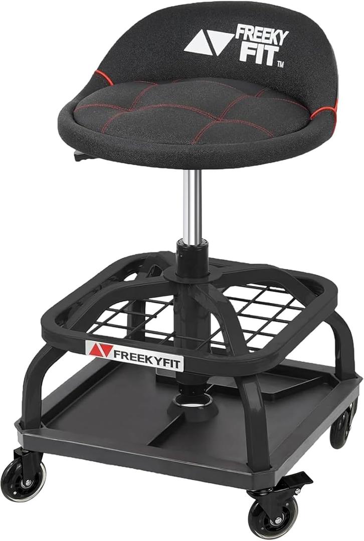 Rolling Shop Stool with Wheels, Garage Work Mechanic Stool with Backrest, Roller Mechanic Chair, Adjustable Height, 360 Swivel, Tool Tray Storage, 330 LBS Capacity, Heavy Duty, Black