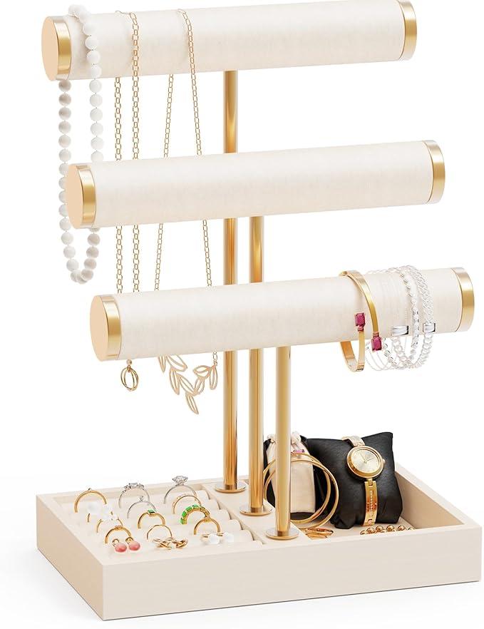 Abiglifty 3 Tier Necklace Holder Display, Jewelry Organizer, Jewelry Stand, Bracelet Display, Necklace Organizer, Bracelet holder, Jewelry Display for Necklace, Watches, Rings, Beige
