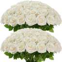 100 Pcs White Rose Artificial Flowers Bulk, Ivory Silk Fake Roses with Long Stem for Wedding Decoration, Bridal Bouquets, DIY Flower Wall, Party Table Centerpieces, Home Decor