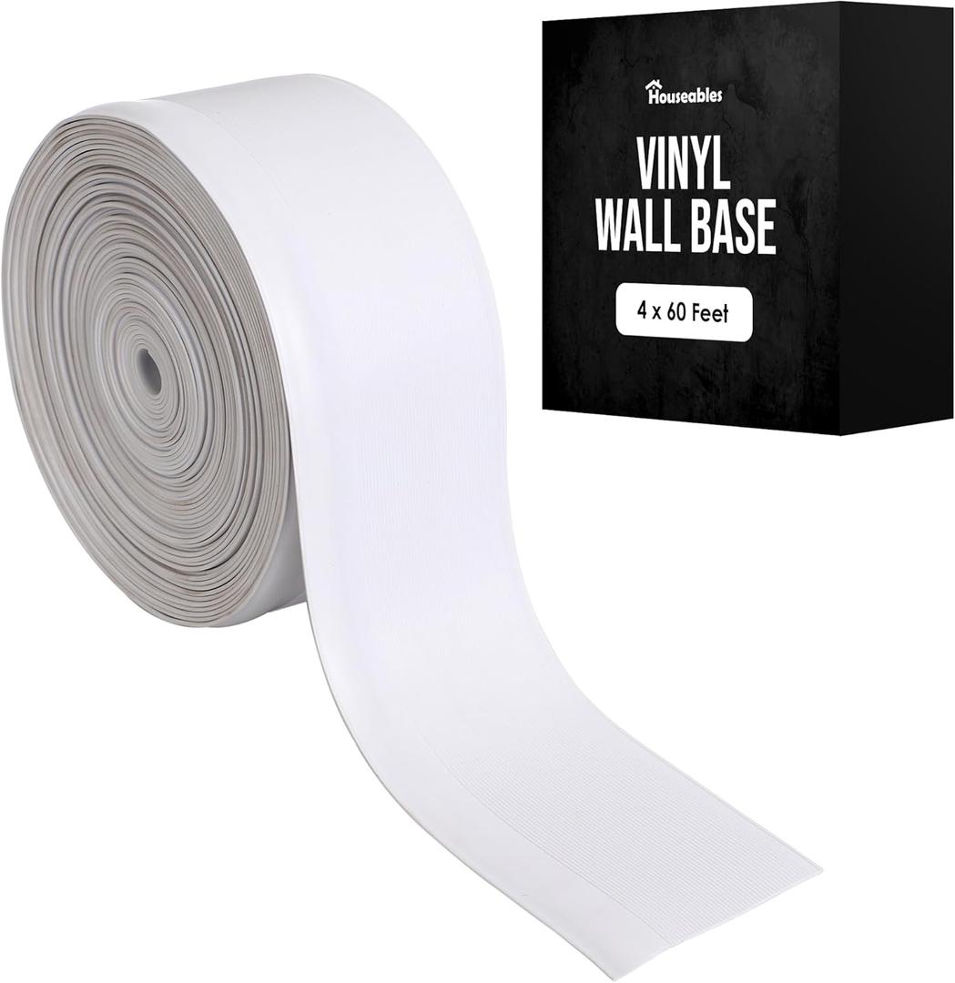 Baseboard Trim, Vinyl Baseboard Molding 4 Inch, Rubber Molding Trim, Cove Base, 4IN x 60FT Roll, White, Base Boards For Walls, Flexible Floor Moulding, Skirting Covers For Wall, Garage, Bathroom
