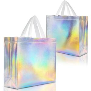Nush Nush Iridescent Gift Bags Large Size  Set of 12 Reusable Holographic Large Gift Bags With Handles - Ideal Goodie Bag for Bridesmaids, Birthday Party Favors, Christmas Gifts  13x5x11
