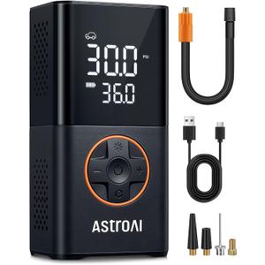 AstroAI L7 Tire Inflator Portable Air Compressor Cordless Mini Bike Pump with Digital Dual Values Display, 150 PSI Car Tires Air Pump with LED Lights&Pressure Gauge for Auto, Motorcycles, Bikes, Balls (Orange)