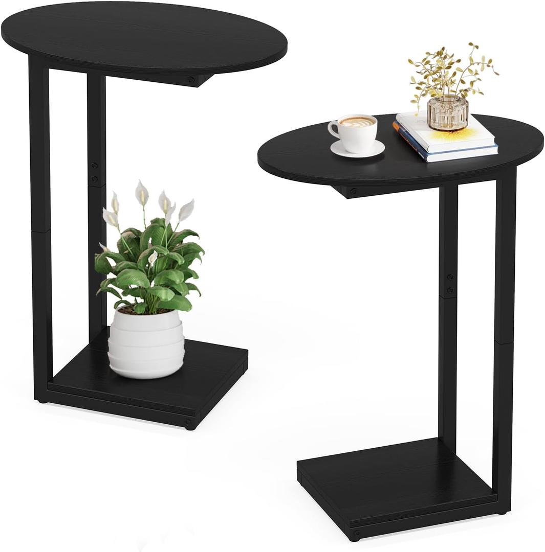 Hosfais Small Side Table End Table, C-Shaped Wood Coffee Table TV Tray for Eating Couch Tables for Small Space, Living Room, Bedroom, Couch (Black 2 Pack)