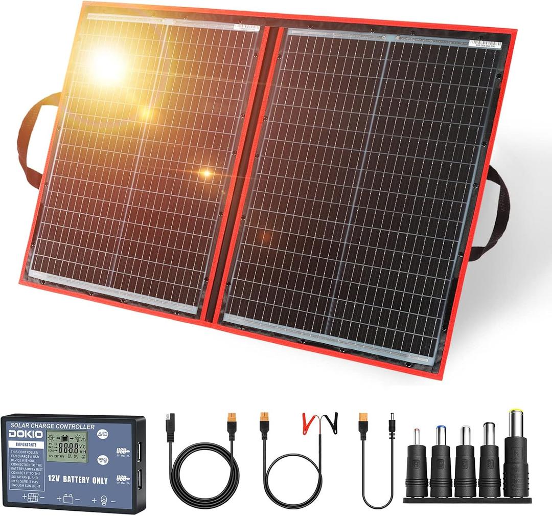 DOKIO 110W 18V Portable Solar Panel Kit Folding Solar Charger with 2 USB Outputs for 12v Batteries/Power Station AGM LiFePo4 RV Camping Trailer Car Marine