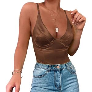 Velius Women's Sexy Metallic Shiny Bodysuit Tank Tops for Night Club Going Out (Large, Brown)