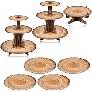 Sawysine 7 Pcs Woodland Cupcake Stand Set Woodland Baby Shower Decorations 3 Tier 2 Wooden Cupcake Stand 1 Rustic Cake 4 Rectangle Serving Tray Birthday Western Camping Hunting Supplies(Circle)