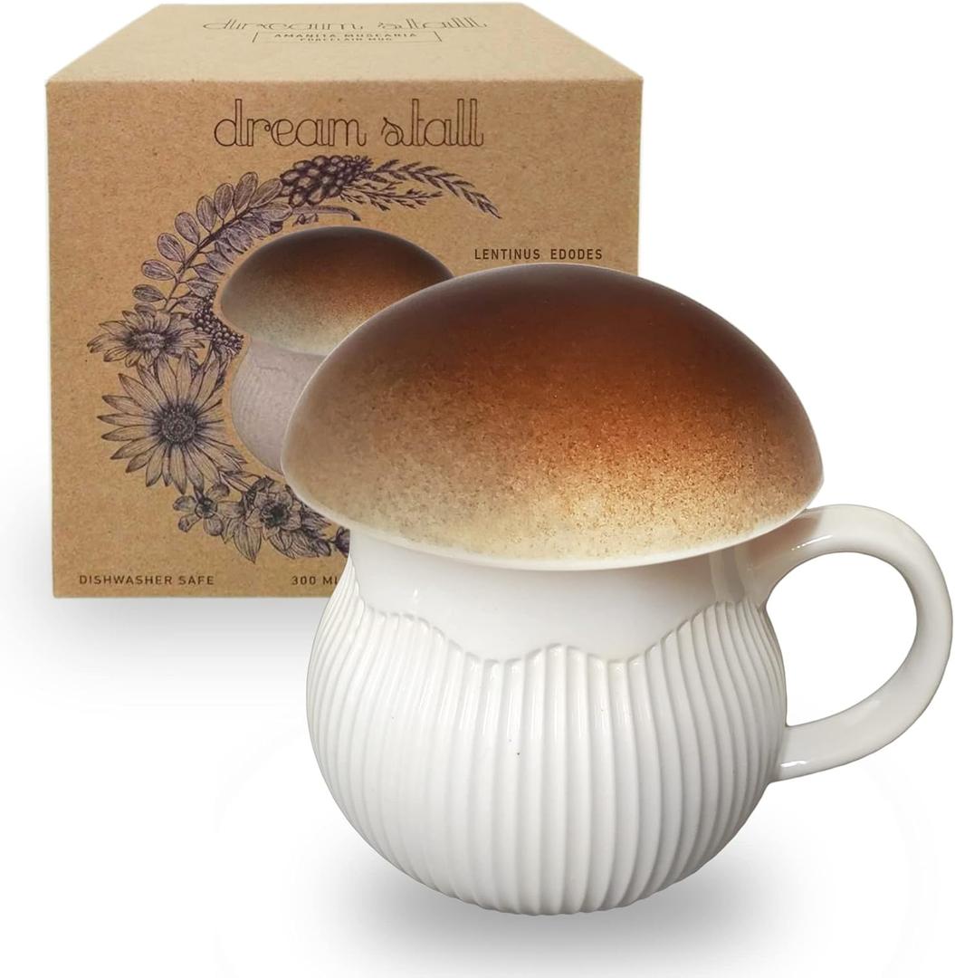 Mushroom Mug with Lid Stoneware Coffee Cup with Decorative Gift Box (Brown), Cottagecore Aesthetics