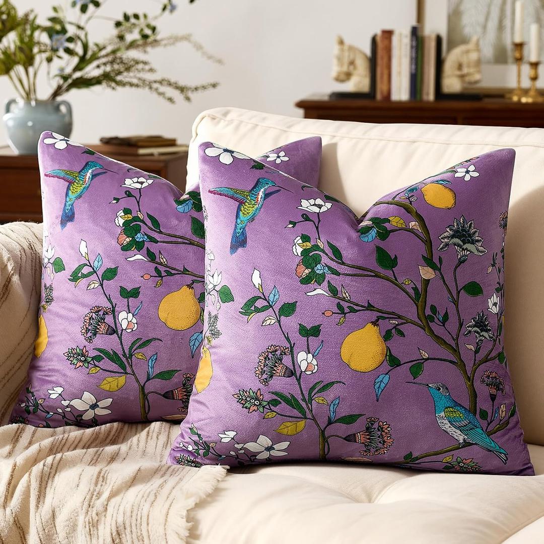 MUSSEL Light Purple Velvet Throw Pillow Covers 20x20 Pack of 2, Vintage Floral Pillow Covers, Mid Century Flower Plant Cushion Covers for Sofa Living Room Home Decor