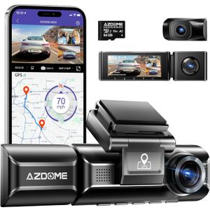 AZDOME M550 3 Channel Dash Cam, 4K+2.5K Dual Dash Camera for Cars Built-in WiFi GPS, 1440P+1080P+1440P Front and Rear Inside, 64GB Card Included, 3.19" IPS Screen, WDR, IR Night Vision, Parking Mode