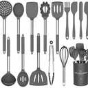 Silicone Cooking Utensil Set,Umite Chef Kitchen Utensils 10 pcs Set Non-stick Heat Resistan BPA-Free Stainless Steel Handle Tools Whisk - Grey
