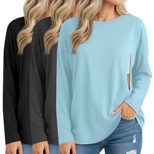 Sweetyweee 3 Pack Women's Nursing Breastfeeding Tops, Long Sleeve Maternity Shirts Oversize Hidden Zipper Pregnancy Clothes XL