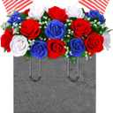 Memorial Day Decorations for Cemetery, Saddle Headstone Artificial Red White and Blue Roses with American Flags for Patriotic 250th Anniversary 4th of July Tombstone Outdoor Decor