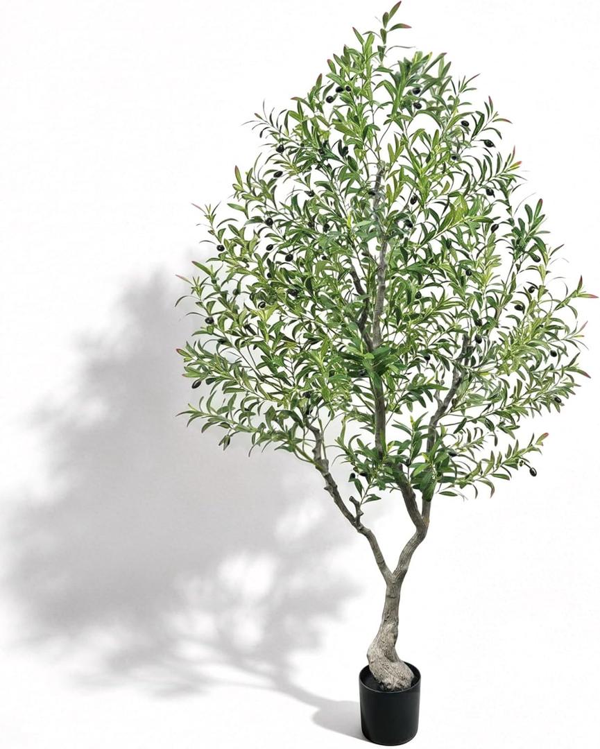 7FT Large Faux Olive Tree with Black Pot, Tall Artificial Olive Tree UV Resistant with Sturdy Branches & Realistic Green Leaves, Silk Plants for Home Decor Indoor Office Outdoor Porch Patio