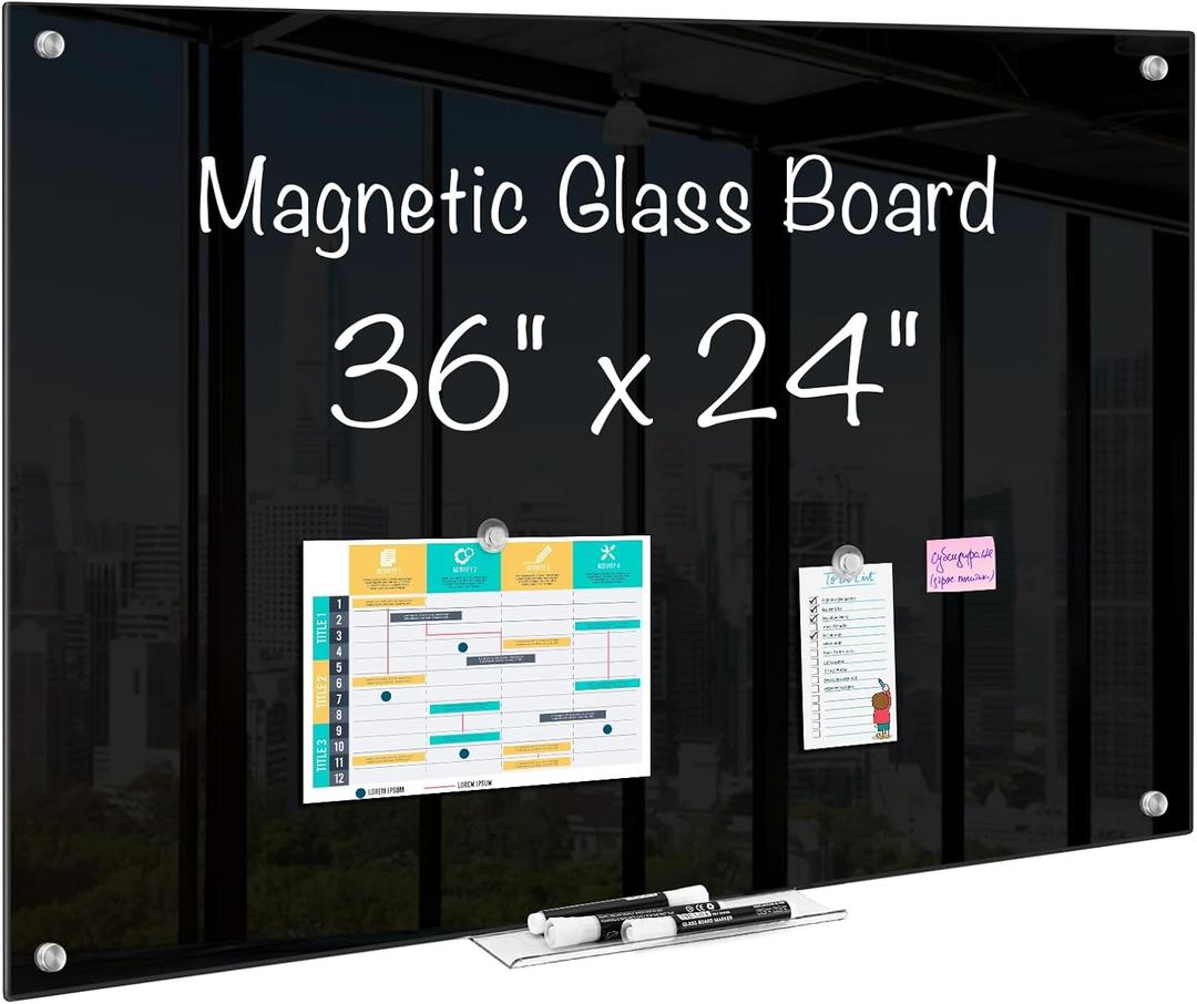 maxtek Magnetic Glass Dry Erase White Board, 36" x 24" Black Glass Board for Wall Mounted, Includes 6 Magnets with Marker Tray, 3 Markers and 1 Eraser for Classroom Home, Office Supplies