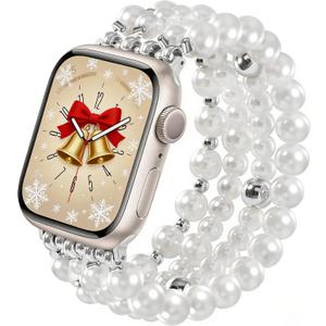 V-MORO Compatible with Apple Watch Band Pearl Series 11/10/9/8/7 42mm 41mm 40mm 38mm Women Fashion Handmade Beaded Elastic Strap Dressy Stretch Bracelet for iwatch SE Series 6/5/4/3/2/1-White/Silver