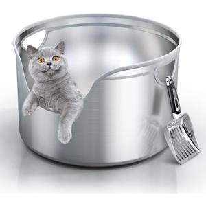 Stainless Steel Litter Box Metal with Integrated Round for XL/XXL Big and Multi Cats, 12" High Wall High Side, Odor Control, Easy to Clean, Durable, Includes Stainless Steel Scoop