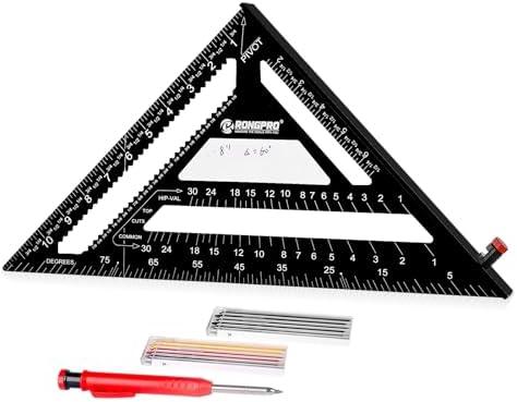 RONGPRO Rafter Square 12 Inch with Woodworking Pencil, Carpenter Measuring Layout Tool, Aluminum Alloy Triangle Carpenter Square for Woodworking- Black, Imperial