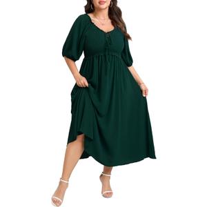 Women's Plus Size Maxi Dress Wedding Guest Half Sleeve V Neck Bowknot Smocked Milkmaid Flowy Dresses for Women (XX-Large Plus, Emerald Green) Women's Plus Size Maxi Dress Wedding Guest Half Sleeve V Neck Bowknot Smocked Milkmaid Flowy Dresses for Women (XX-Large Plus, Emerald Green)