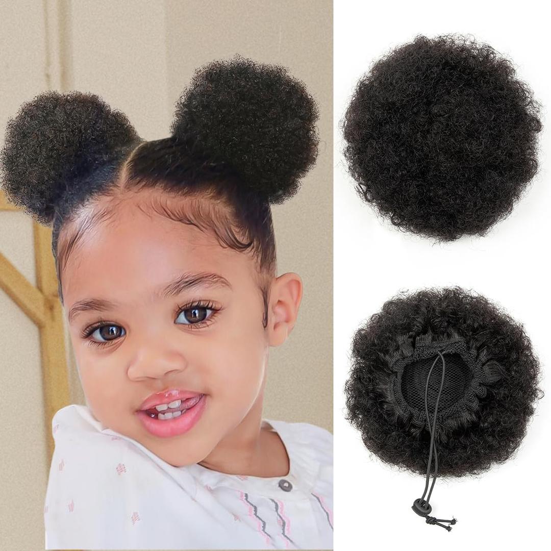 isheeny Hair Puff Human Hair Black Afro Kids Wig 2 PIECES Easy To Wear Small Afro Puff Drawstring Ponytail Extensions For Little Girls, Comfortable And Lightweight Hairpieces