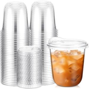 Baderke 50 Pcs Round Bottom Plastic Cups with Sip Lids Clear Disposable Iced Coffee Cups for Smoothie Cold Beverage Coffee Shops and Party Catering(12 oz,Clear)