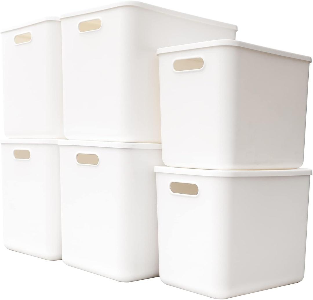 Yishyfier Plastic Storage Baskets Bins Boxes With Lids,Organizing Container White Storage Organizer Bins For Shelves Drawers Desktop Playroom Classroom Office,6-Pack(4XL+2L)