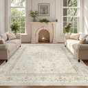 Washable Area Rug 8x10: Boho Vintage Cream Rugs for Living Room Bedroom - Soft Non Slip Stain Resistant Carpet Indoor - Beige Floral Medallion Design