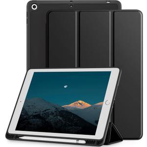 Mastten Compatible with iPad 9th/8th/7th Generation Case, for iPad 10.2 Inch Case with Pencil Holder, TPU Smart Stand Back Cover 2021/2020/2019, Auto Wake/Sleep, Black