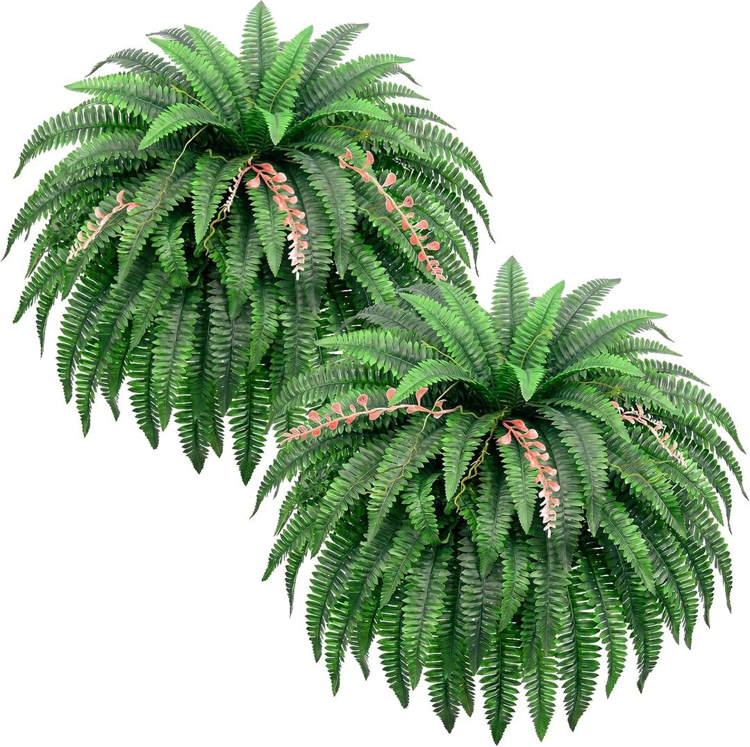 2PCS 48"/128Leaves Artificial Boston Fern Bush, Large Artificial Ferns for Outdoors Look Real Fake Ferns, UV Resistant Faux Outdoor Plants, Faux Fern Vines for Home and Office Decor