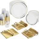 Prestee 600-Piece Disposable Party Dinnerware Set for 100 Guests - Gold Silverware Disposable with Plates, Cups, Knives, Forks, Spoons - Elegant Reusable Wedding Reception and Events Supplies