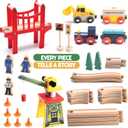 Play22 Wooden Train Set Toddler Toys - 38 Pieces Wood Train Track Set for Toddlers 3-4 Years with Crane, Bridge & Accessories
