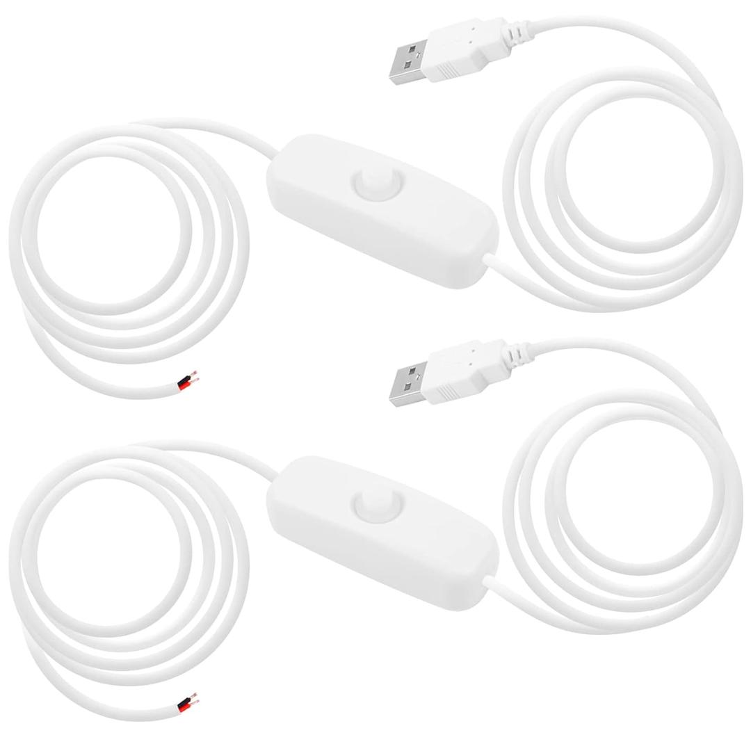 5V USB Switch Extension Cable, 2Pcs 5.58FT USB 2.0 A Male Plug and 2 Pin 2 Wire Power Charge Cable Connector DIY for 5V USB Fan, LED Strips, Desk Lamp, Driving Recorder, LED Strip (White)
