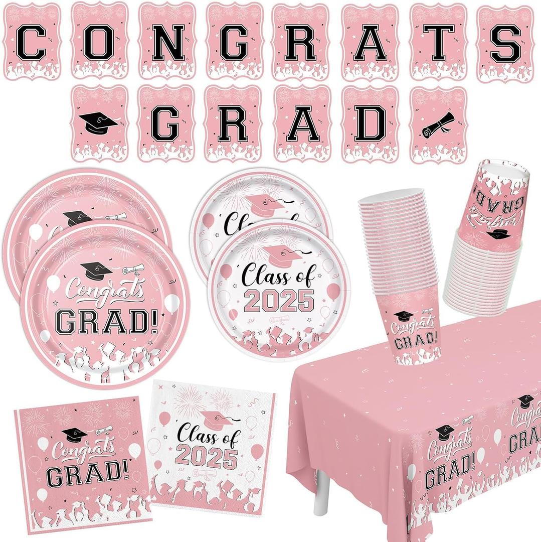 Pink Graduation Decorations 2025 Tableware 102Pcs Graduation Party Decorations Set Include Gongrats Grad Banner Plates Napkins Forks Cups and Waterproof Tablecloth for Class of 2025 Decor