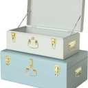 Vixdonos Decorative Large Metal Box Storage Trunk Chest Set of 2 College Dorm Organizer with Hardware Hasps and Handle for Home Decor,23.7X14.2X9.5 Inches(White and Blue)
