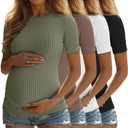 4 Pack Women's Maternity Shirts Ribbed Knit Short Sleeve Pregnancy Tops Crew Neck Tunic Tees Casual Summer Clothes (Large, Gray Green, Coffee, White, Black)