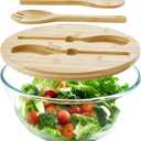 Glass Salad Bowl With Lid, 4.7 Quart Large Serving Bowl Thick Glass Fruit Bowls With Bamboo Utensils, 10.7Inch Trifle Bowl for Salad, Pasta, Dessert Display Cake, Microwave Safe