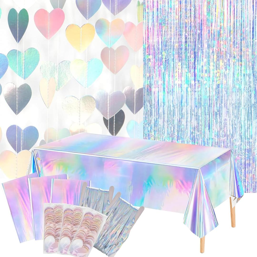 8 PCS Iridescent Disco-Holographic Party Decorations - Love-Heart Garland Streamers Banner, Disposable Laser Tablecloth, Tinsel Foil Fringe Curtains | Birthday, Bachelorette, Engagement, 90s, 80s