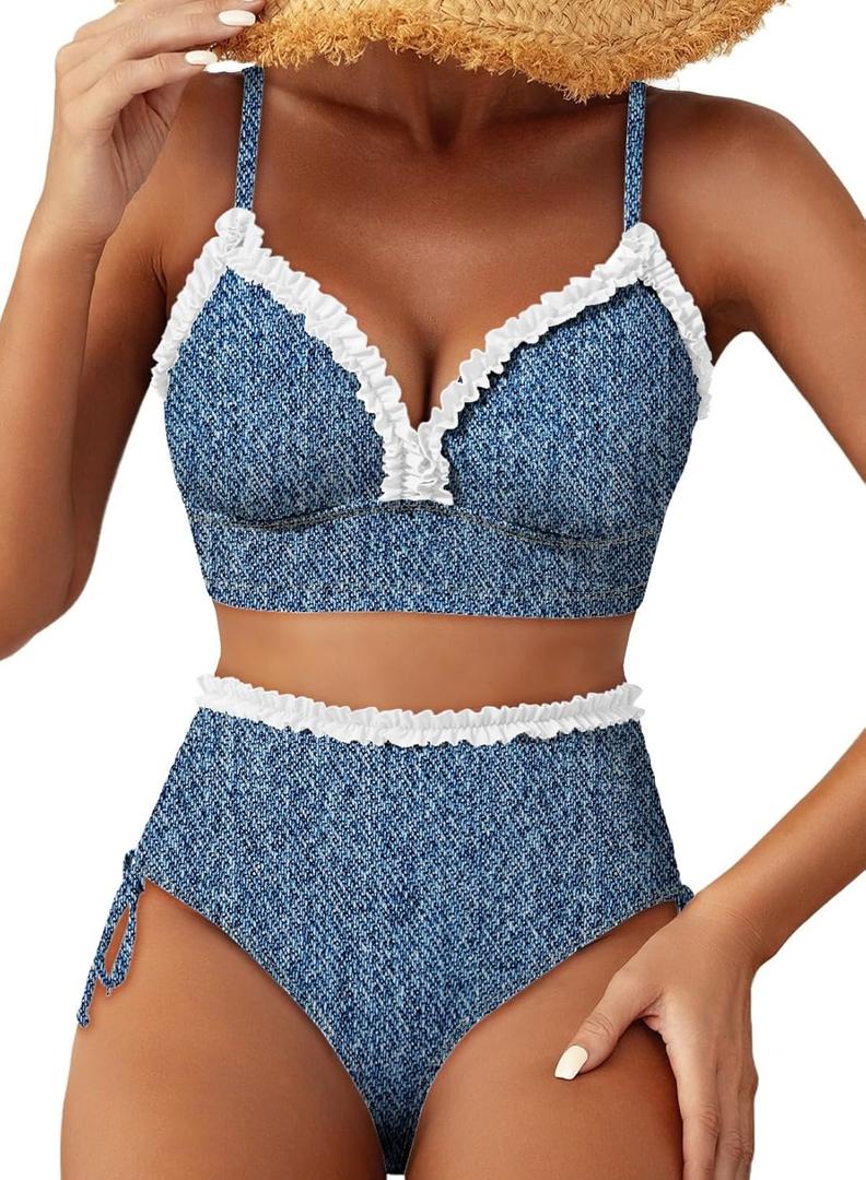 Herseas Women's Splice Ruffle Trim Bikini Sets Tie Side Swimsuits High Waisted Bathing Suits. L Size