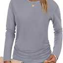 Tankaneo Womens T-Shirts Summer Long Sleeve 2025 Crew Neck Blouse Dressy Casual Ruched Slim Fit Trendy Tops Gray, Small