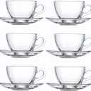 Glass Teacup and Saucer Set, 6 Pack Coffee Mug with Stainless Steel Spoon Suitable for Espresso Juice Cappuccino and More Beverage, 7OZ/210ML, Clear