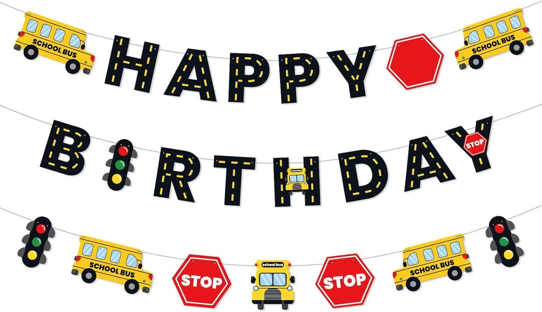 Faisichocalato DIY School Bus Happy Birthday Banner, Birthday Party Garland for Kids Yellow Bus Birthday Party Decorations, Back to School Banner Party Supplies
