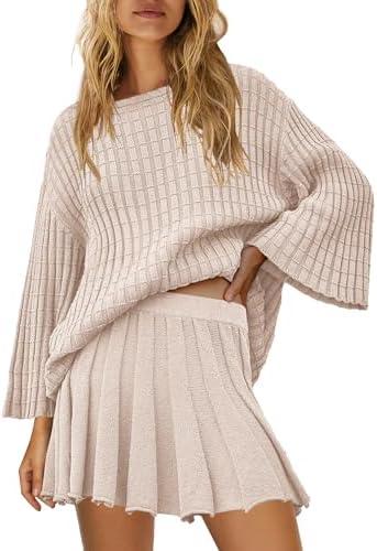Yanekop Womens 2 Piece Sweater Skirt Set Loose Matching Lounge Sets Comfy Pajamas Set Long Sleeve Top and Skirt Sets Size M