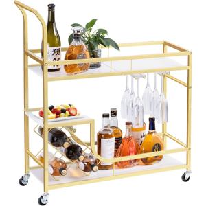 Gold Bar Cart with Wine Rack and Glass Holder, 2 Tier Bar Serving Carts with Wheels for The Home Kitchen Dining Room