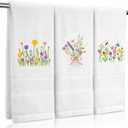 SmoothNovelty 3 Pcs Hand Towels for Bathroom Embroidered Cotton Kitchen Towels 13.3" x 29.5" Decors Gift (White,Spring Flowers)