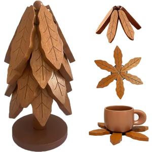 Premium Wooden Trivets, Kitchen Decor Tree Trivet for Pans & Plates & Cups, Dining-Table Pine Tree Decoration, Eco-Friendly & Easy Clean & Space-Saving (4 Leaf Foldable)