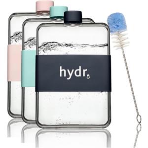 Hydr | 15oz Flat Water Bottle For Purse & Flexible Cleaning Brush | BPA Free Square Water Bottle | Leak/Drop Proof Slim Water Bottles For Travel, small water bottle (Black)