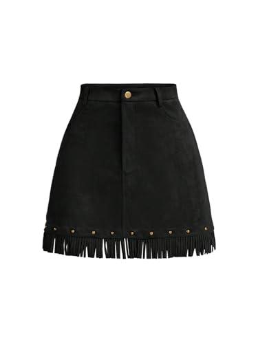 WDIRARA Women's Faux Suede Fringe Skirt High Waisted Tassel Western Mini Skirts Black Small