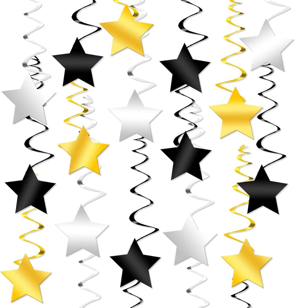 KatchOn, Black Gold and Silver Star Hanging Swirls- Pack of 30, No DIY | Hanging Star Swirls Decorations | New Years Decorations 2026 | New Years Eve Party Supplies 2026 | Happy New Year 2026