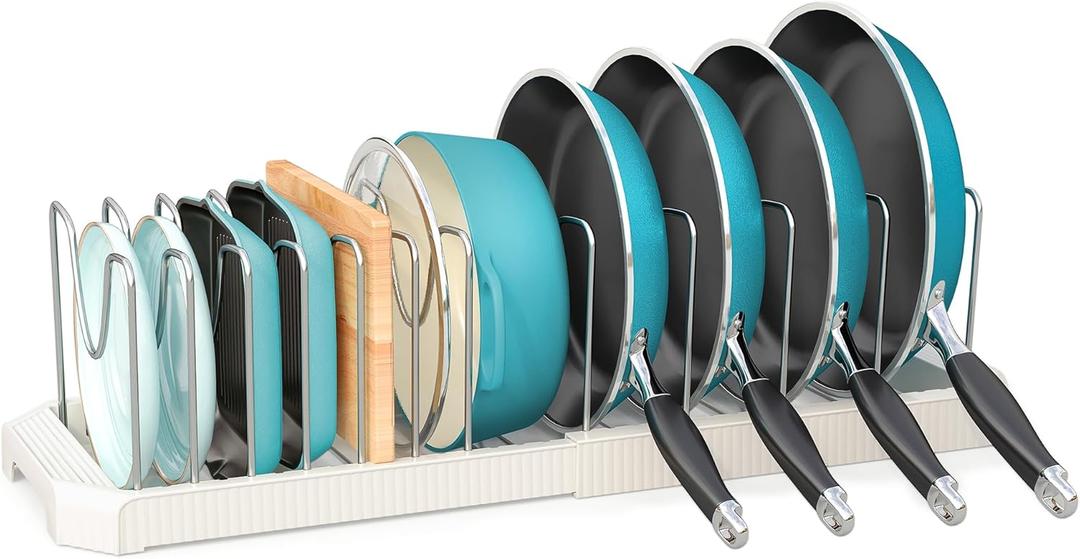 Pots and Pans Organizer for under Cabinet, Pan Pot Organizers inside Cabinet, Expandable Organizer with 12 Adjustable Dividers for Cookie Sheets, Cutting Boards, Pot Lids, Cookware - Frying Pan Rack