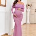 AISWI 3D Floral Off The Shoulder Maternity Dress Sexy Ribbed Mermaid Maxi Bodycon Pregnancy Dresses Baby Shower (Pink, XL)